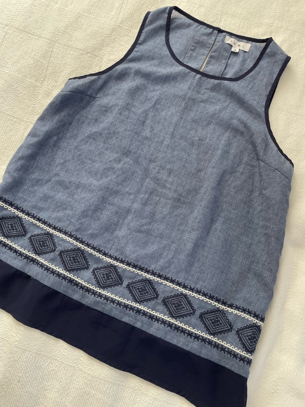 THML Blue Sleeveless Embroidered Blouse with Navy Trim